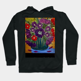 Red and purple carnations flowers in a blue and silver metallic vase. Hoodie